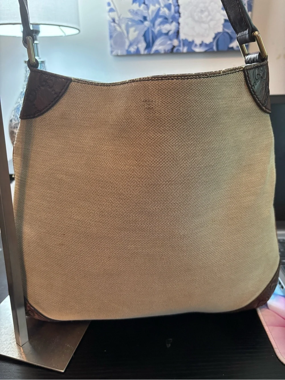Authentic Gucci Vintage Beige Canvas Colbert Hobo Bag Brown Leather- Read Desc